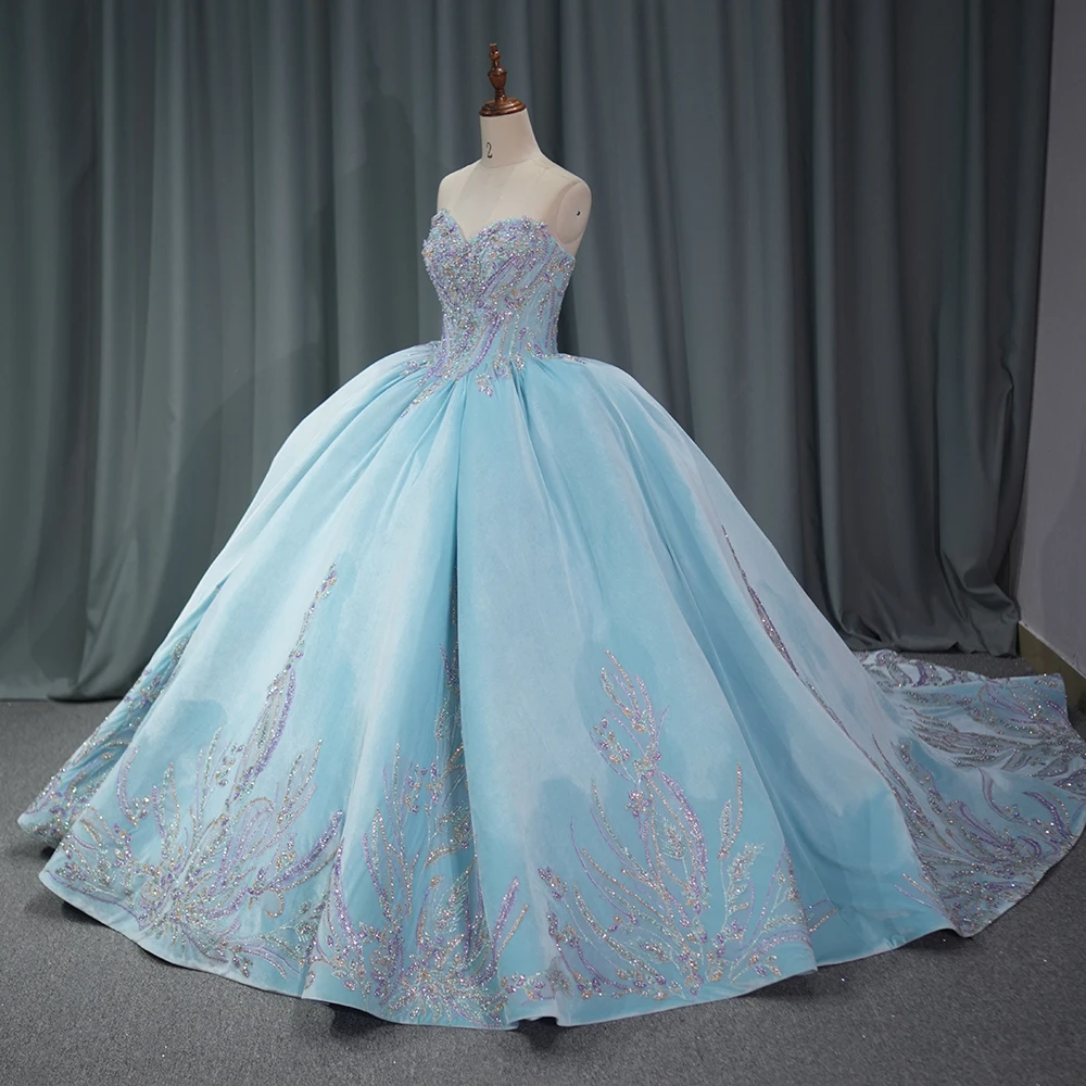 Blue Quinceanera Dress Lace Applique Beaded Bling Organza Off Shoulder Sweet 16 Dy6831