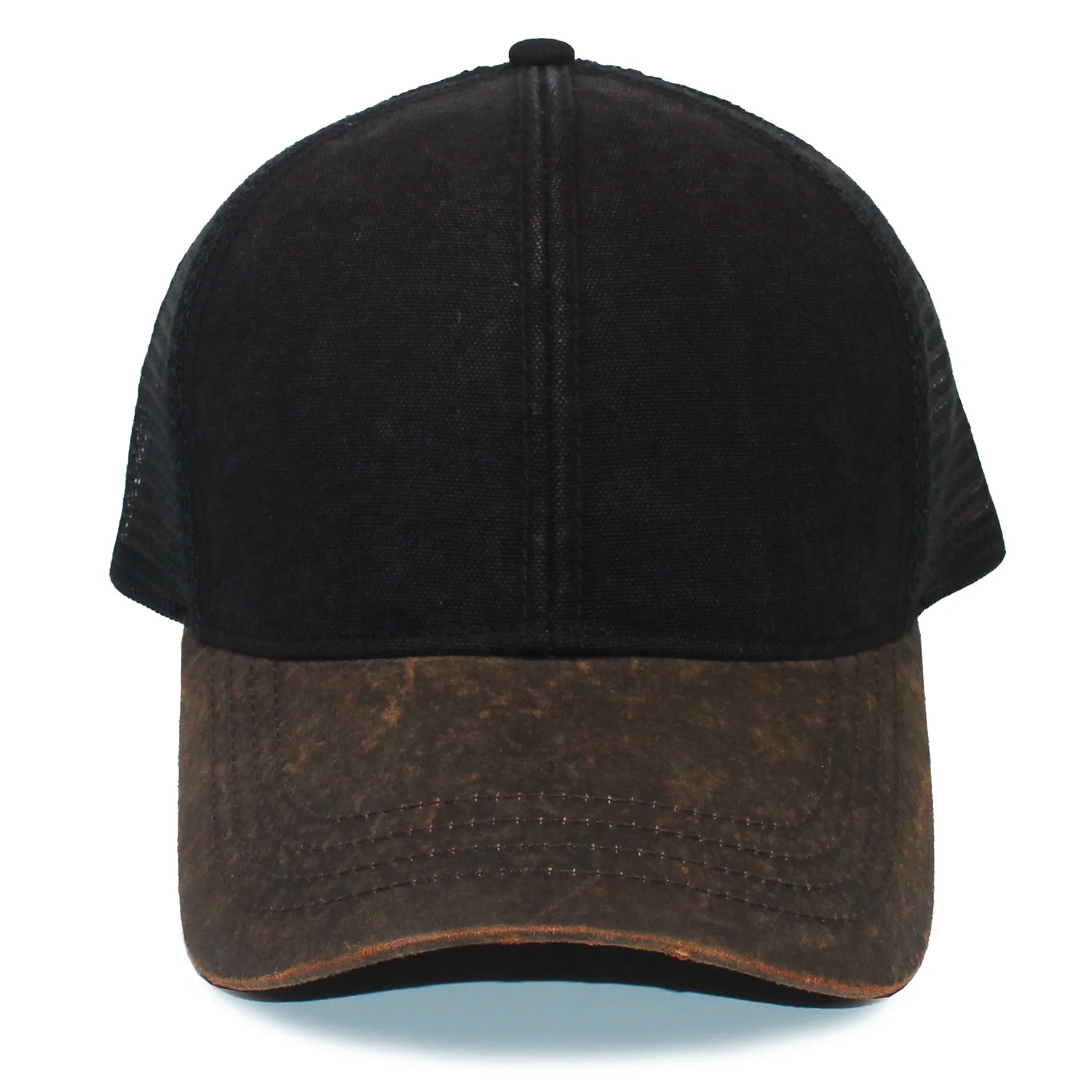 Black Cotton Trucker Cap Waxed Leather Visor Causal  Low Profile Plain Dad Hat Outdoor Baseball Cap
