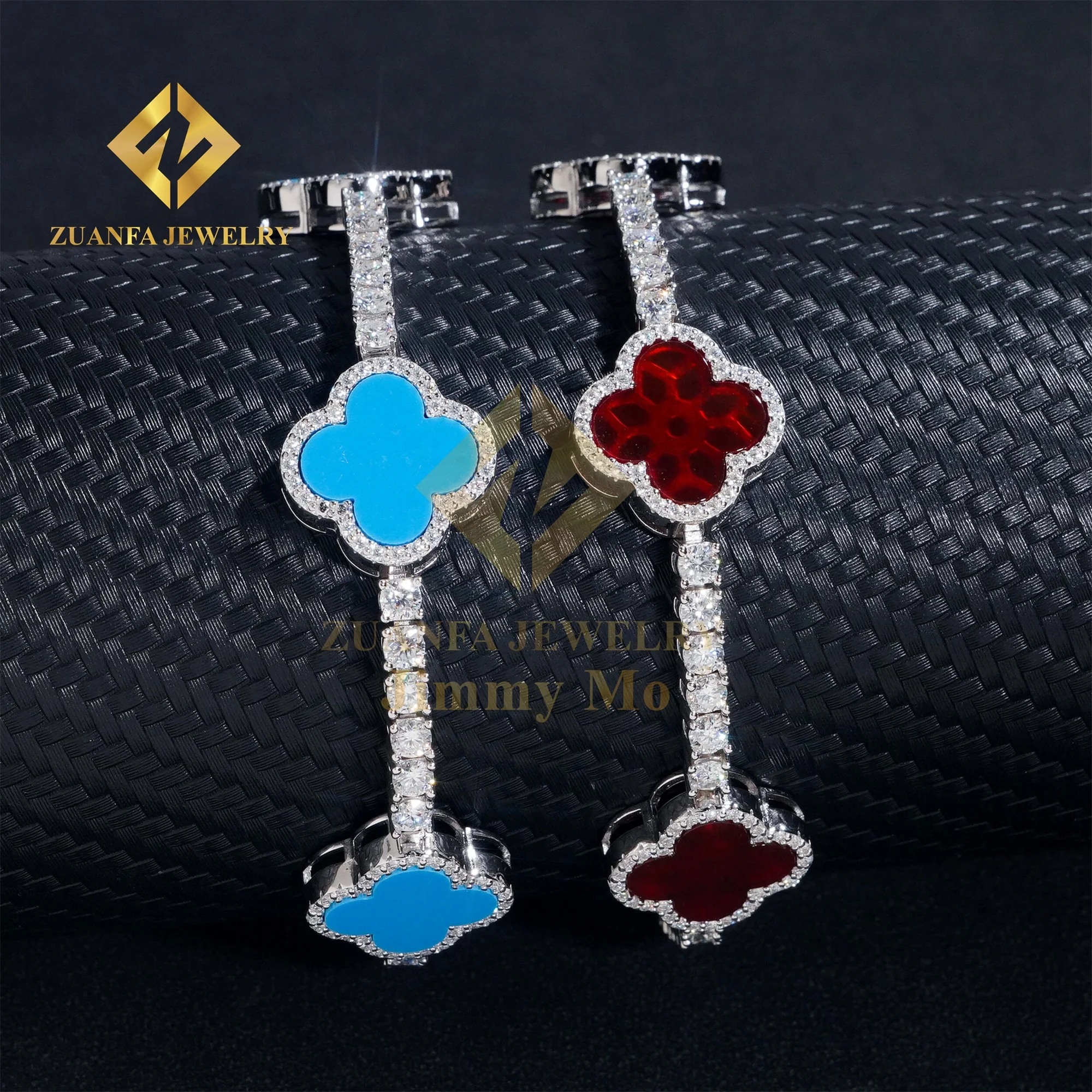 Unique Popular 3mm Iced Out Hip Hop Jewelry S925 Silver VVS1 Moissanite Diamond Four Cleef Clover Leaf Cluster Tennis Bracelet