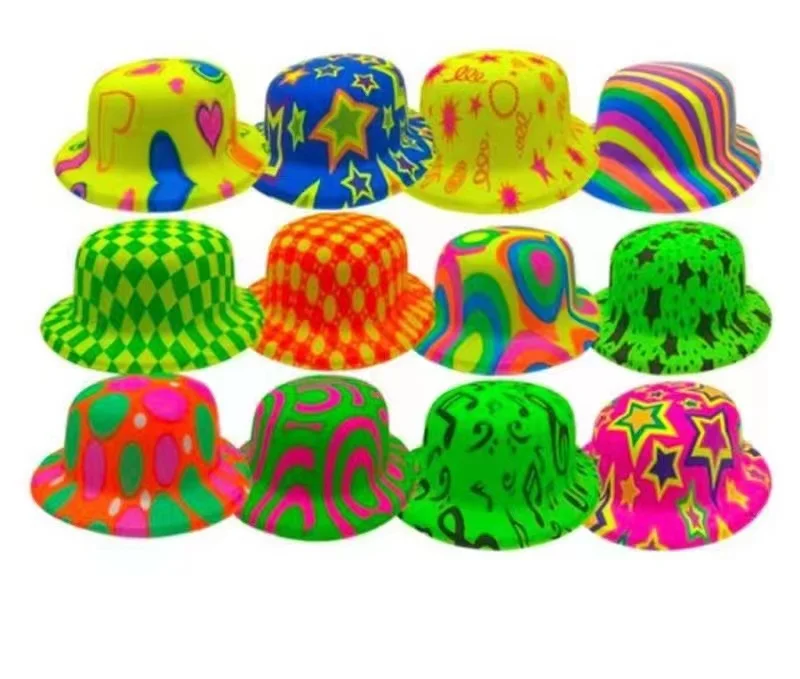 Wholesale Metallic Colors Assorted Plastic Fedora Neon Pink Bucket Pattern Iridescent Zebra stripe Party Toy Hard Hats