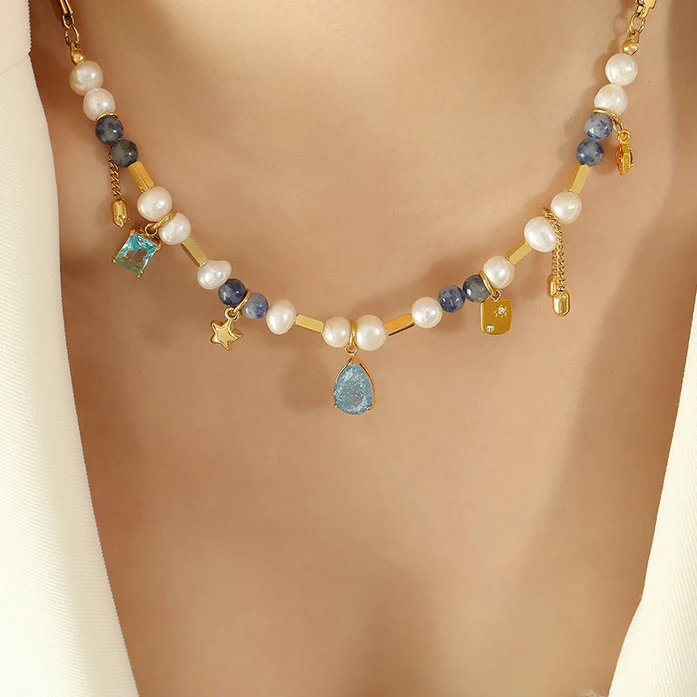 Geometric Water Drop Pendant Natural Stone Freshwater Pearl Beaded Stitching Brass Chain Gold Plated Stainless Steel Necklace