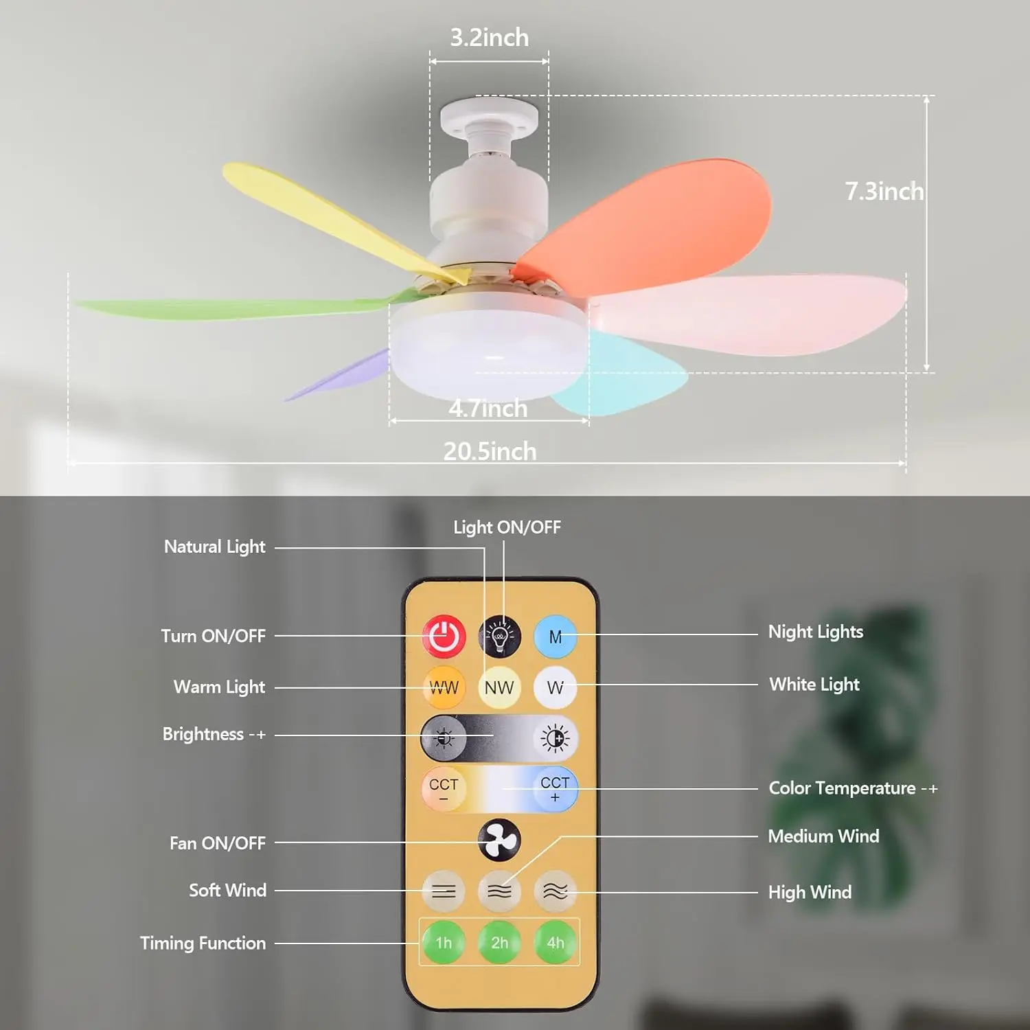 Adjustable ceiling fan with E26 base, screw socket fan for indoor bedroom kitchen living room, multi-color