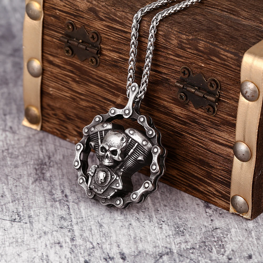 Mens Party Jewelry Halloween Gifts Vintage Horror Anger Skull Pendant Gothic Punk Biker Skeleton Chain Necklace