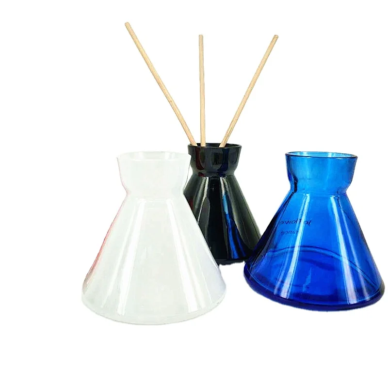 new design wholesale 200ml 6 oz cone shaped glass wide mouth empty aroma room reed diffuser bottle packaging with stick gift box