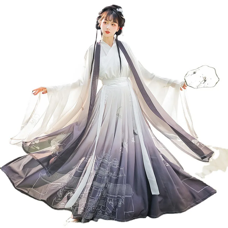 Wholesale New Historical Hanfu Women Spring Summer Chinese Jin Style Fairy Aura Original Cross Necked Dress With Large Sleeves