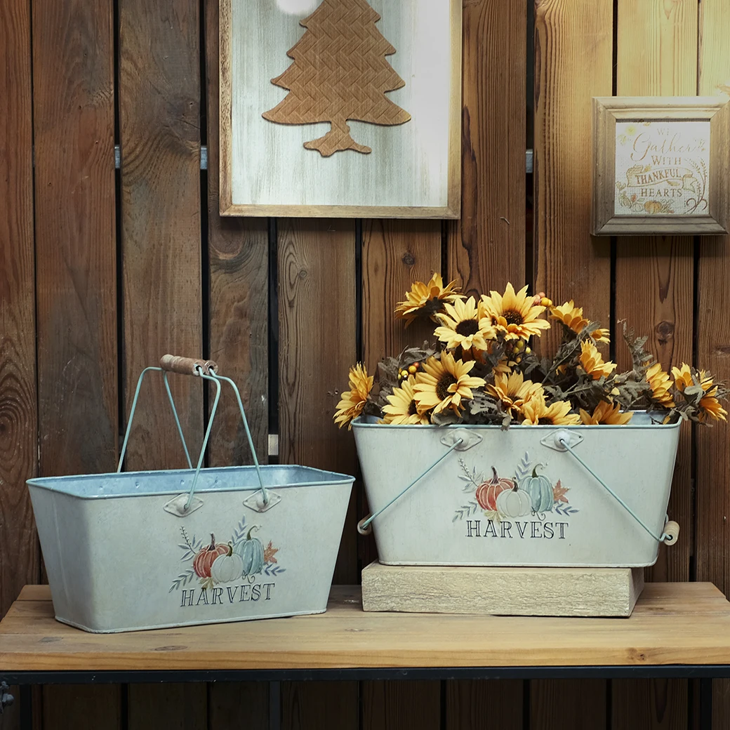 retro pumpkin harvest metal galvanized rectangular iron bucket with wooden handle for farmhouse container  giftpacking