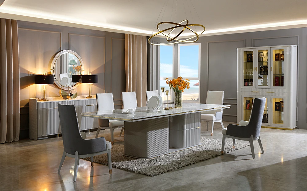 Modern Luxury Design Dining Room Table  Rectangle Shape Table 8 Chairs Dining Table Set Stainless Dining Room Furniture Set