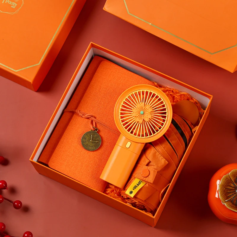 3 in 1 2024 New Product Ideas Vacuum Cup Mug USB Fan Umbrella Towel Gift Set Mini Fan Gift Set