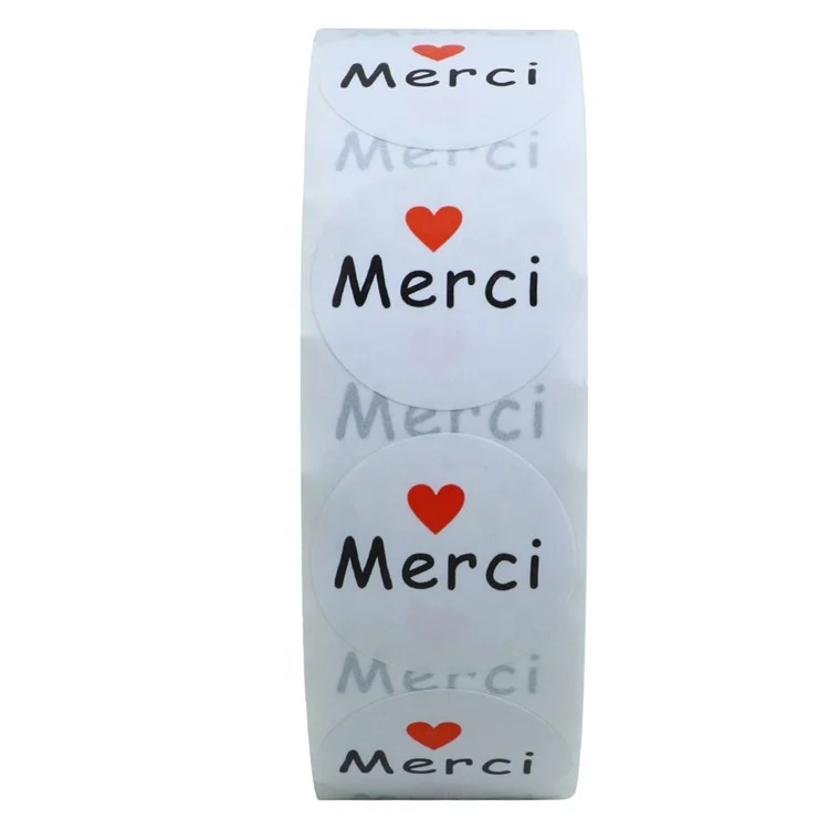 Hybsk 1 Inch Round French Thank You Merci Stickers White Adhesive Labels with Red Heart 1,000 Labels Per Roll