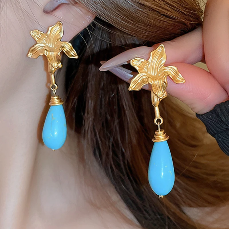 Silver Needle Bohemian Flower Water Drop Artificial Stone Earrings Exquisite Simple Earrings Retro Court Earrings for Women