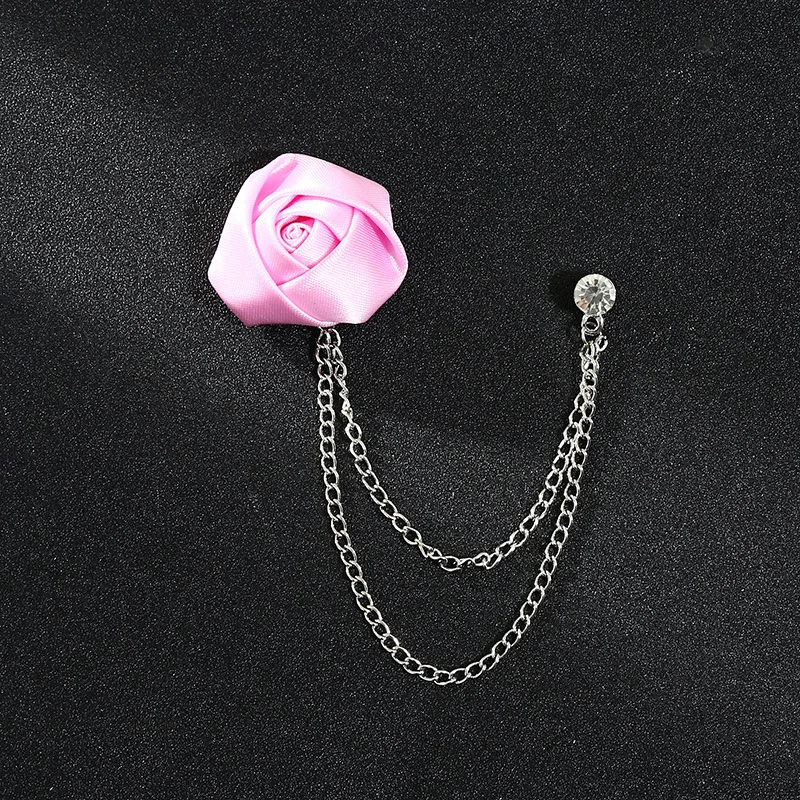 Custom made fabric flower brooch fashion gold silver tassel chain lapel pin brooch for mens suit