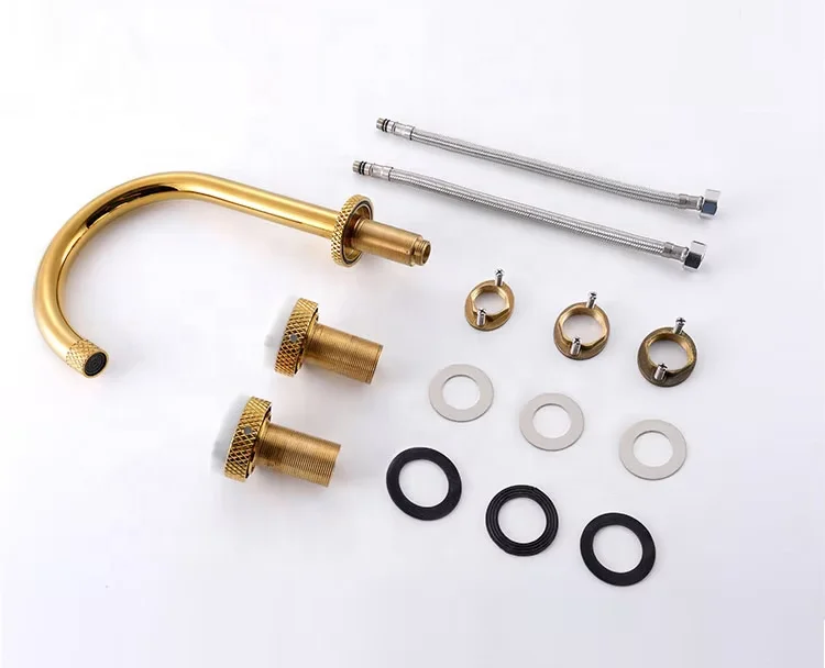 DEEPSS Factory Supply Shine Gold Basin 3 Pieces Separate Lavatory Faucet Brass 2 Handle Hot and Cold Mixer with Flexible Hoses