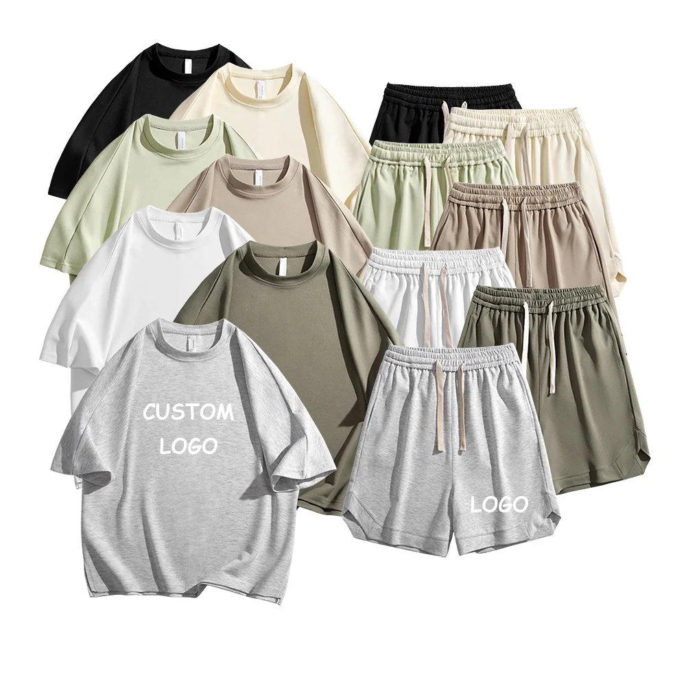 High Quality 280g Tracksuit Sets Custom Logo Solid Color O-neck Short Sleeve Joggers Suits Piece Clothing Men Short Sets