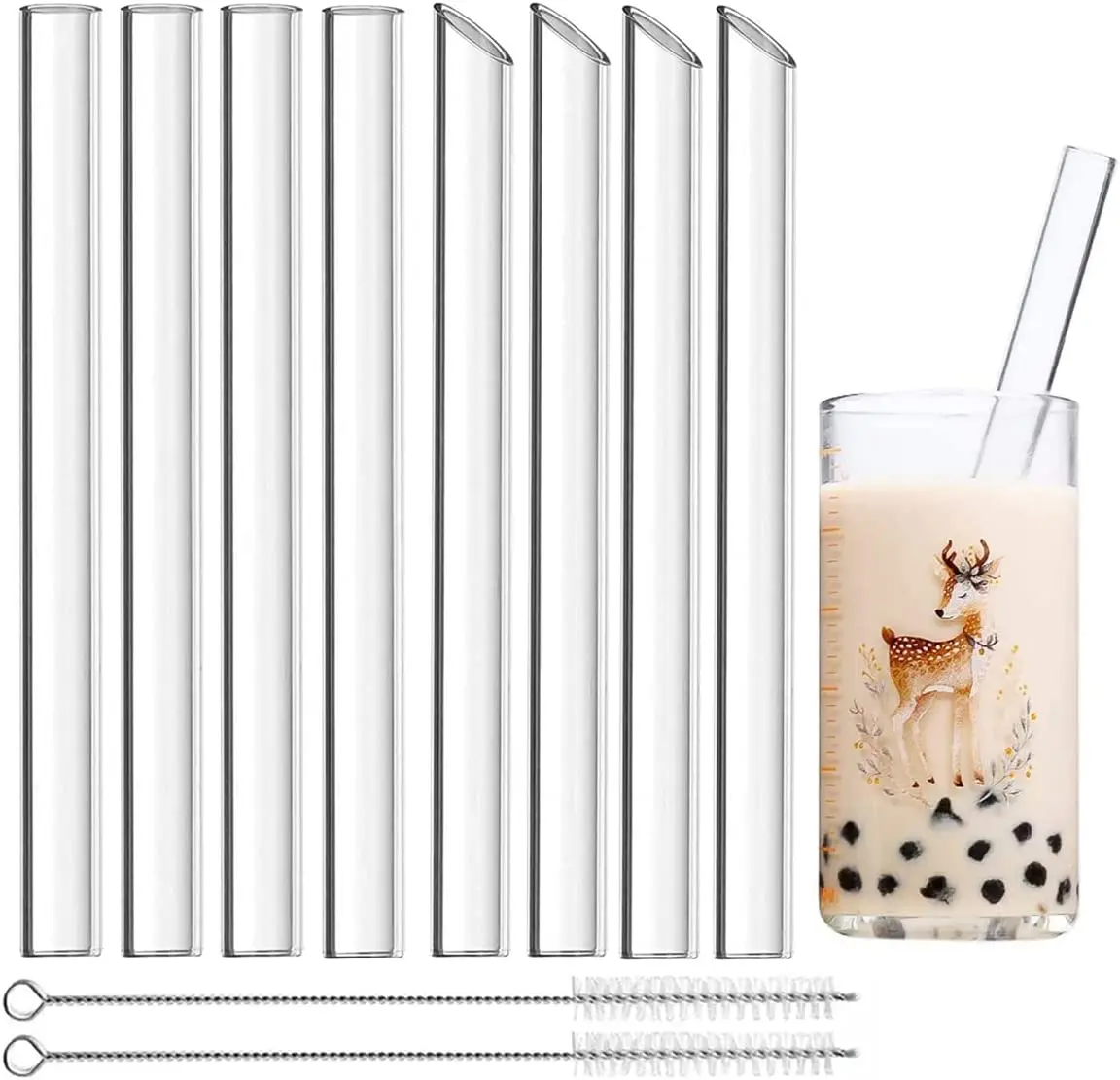 Custom Reusable BPA Free Drinking Straws Bubble Tea Straight Bent Clear Borosilicate Glass Boba Straw with Cleaning Brushes Set