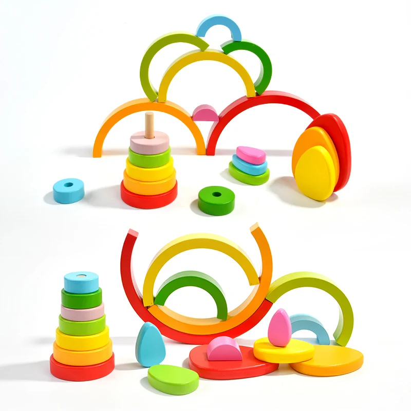 3 in 1 Wooden Rainbow Stacker Toy Tower of Hanoi 7 Colors Rainbow Stacking Stones Building Blocks Set Nesting Toy