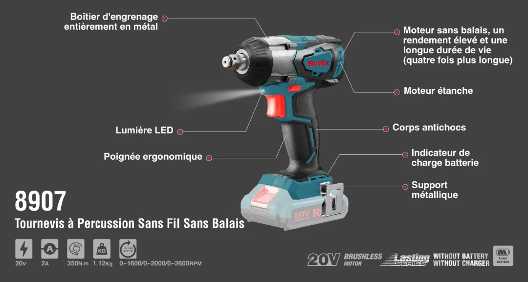 Ronix power impact drill cordless Model 8907 20V Li Ion Battery Rechargeable Brushless Cordless Electric Impact Wrench