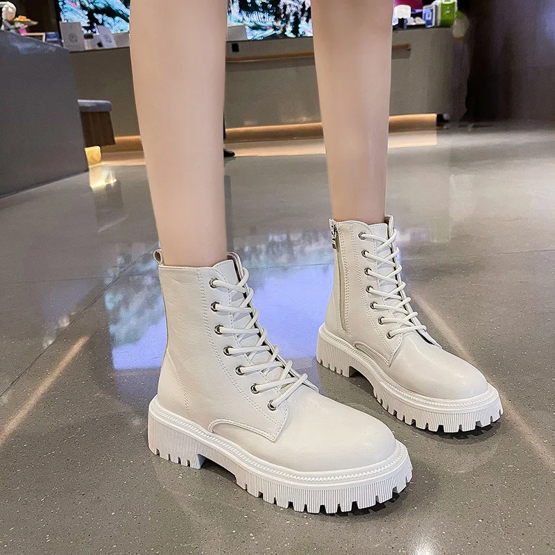 2022 Womens Combat Boots White PU Leather Motorcycle Boot Punk Gothic Shoes Fashion Lace Up Black Ankle Boots Female Shoes