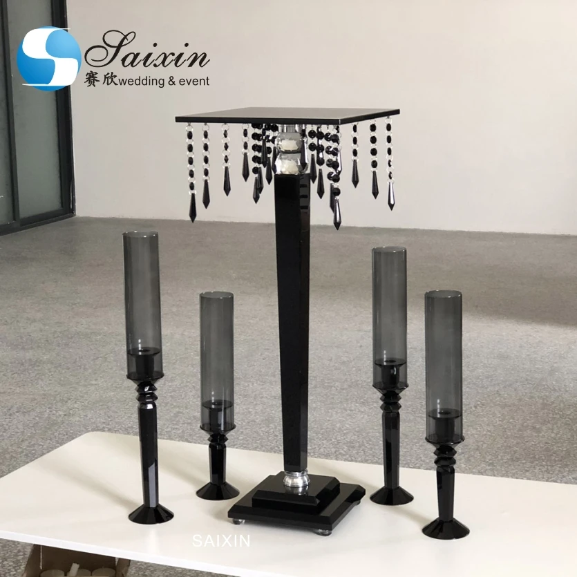 ZT-003TB custom crystal color black glass hurricane pillar candle holder set for wedding decoration