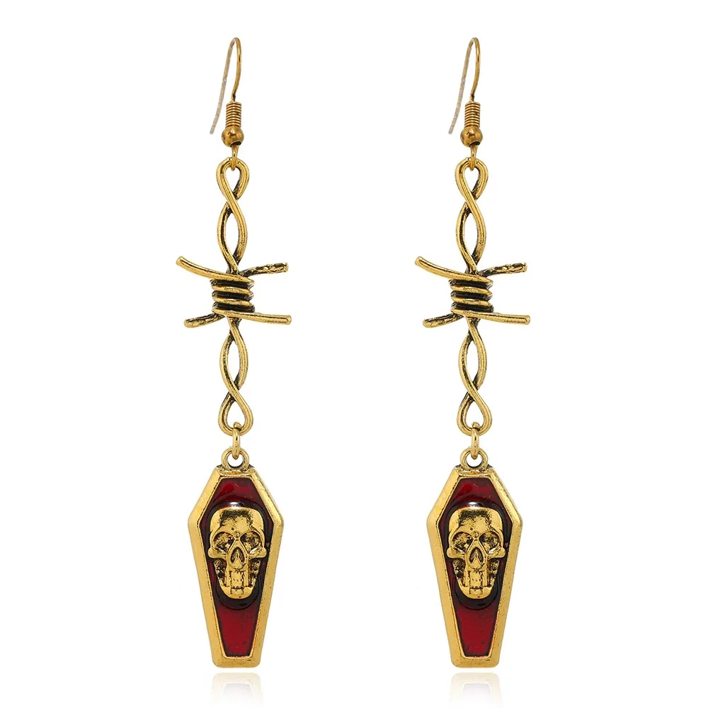New Hot Selling in European and America style Gothic punk Dark Series red enameled Skull Head Coffin Iron Wire hook Earrings