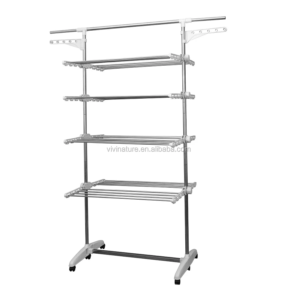 Height Adjustable Multi Layers Laundry Cloth Drying Rack with 6 Wheels