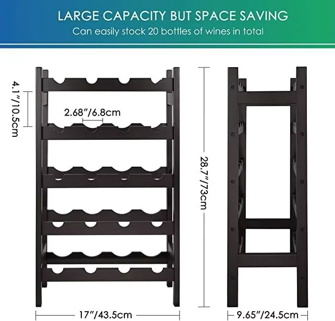 20 Bottles and 5 Tiers Bamboo Wine Rack Easy Assemble Free Standing Bar Glass Wine Storage Shelves for Kitchen  Pantry
