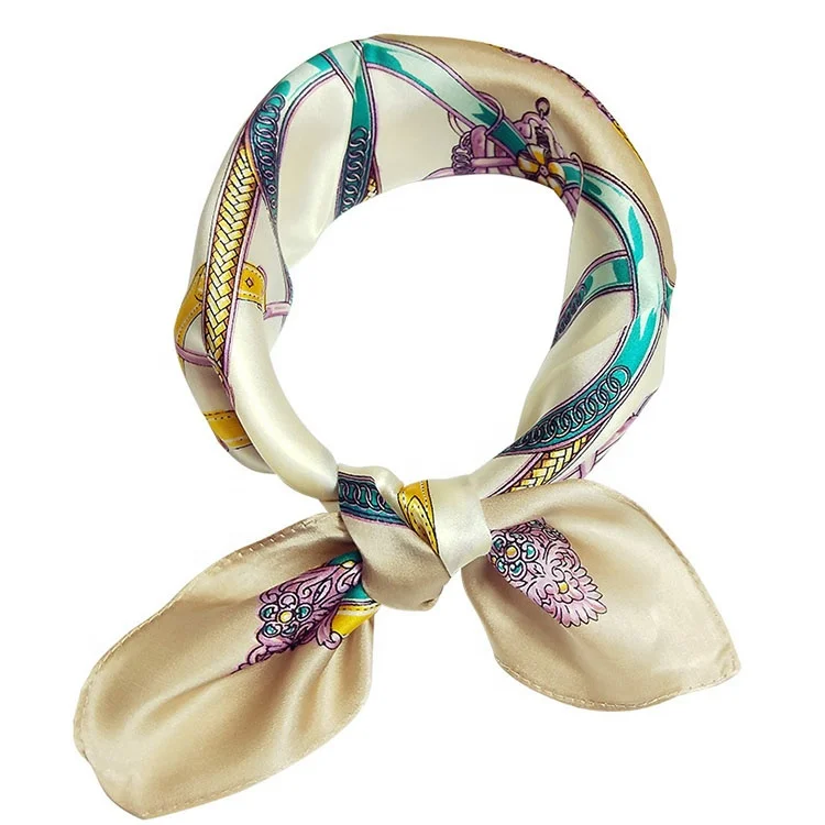 Wholesale Fashion Elegant Chain Flower Pattern Printed Pure Silk Satin Square Women Designer Scarf Bandana