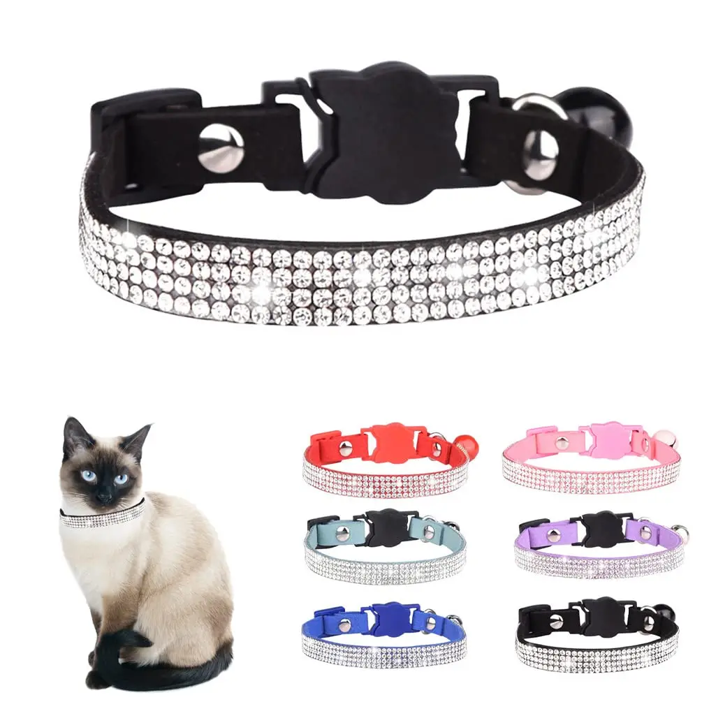 KingHon Rhinestones Dog Collar Safety Buckle Adjustable Bling Crystal Diamond Cat Collar With Bell For Small Medium Dogs
