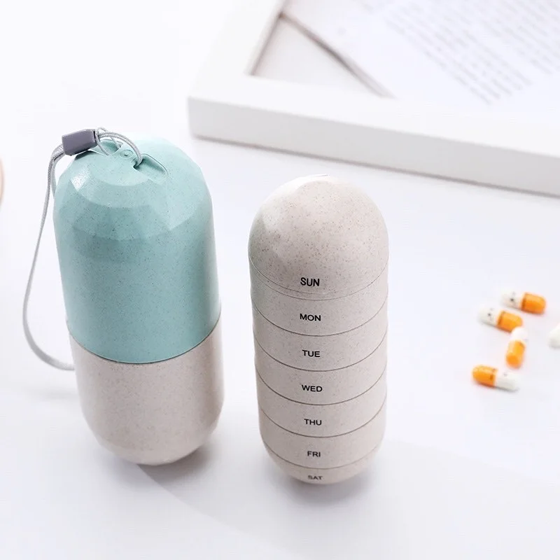 
7 Days Pill Box Portable Wheat Straw Capsule shape Pill Box 
