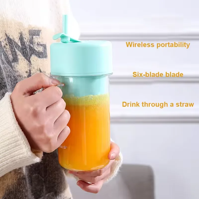 New 420ml outdoor portable small straw juicer cup six-blade knife USB mini electric juicer with handle
