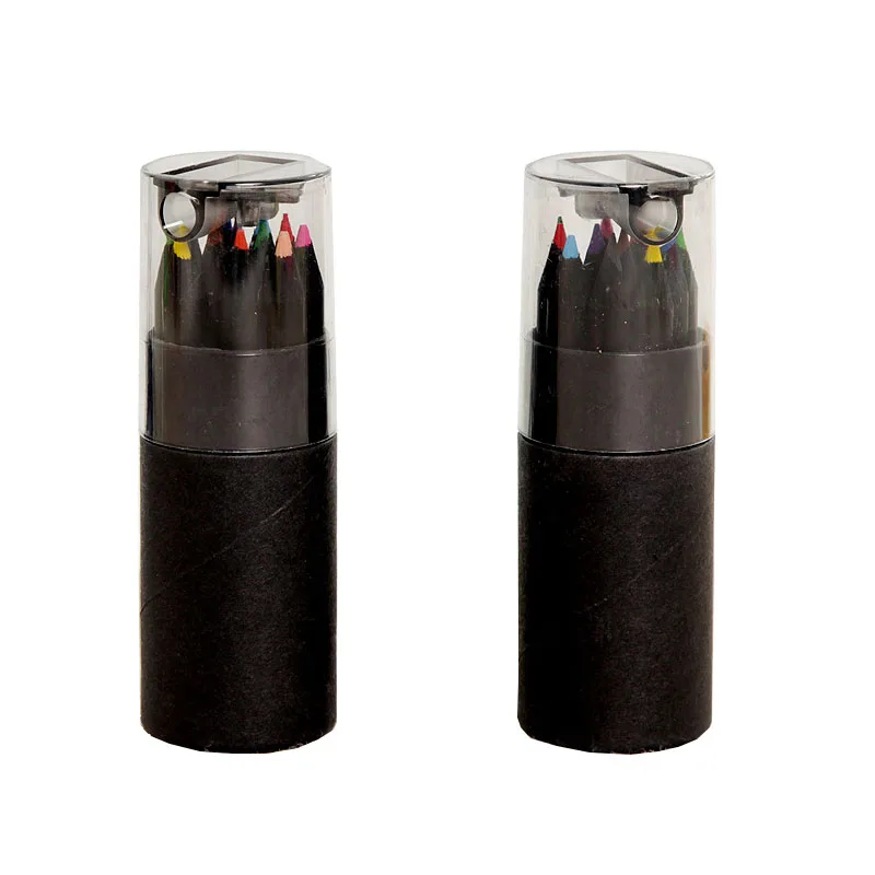 High Quality Black Wood Material Mini Size 12 Colored Pencil Set With Tube Sharpener Gift Pencil For Kids