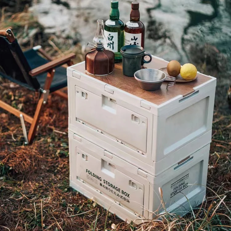 Outdoor Camping Folding Wooden Cover Camping Storage Box Car Trunk Storage Box With Side Door Open Wooden Cover Storage Box