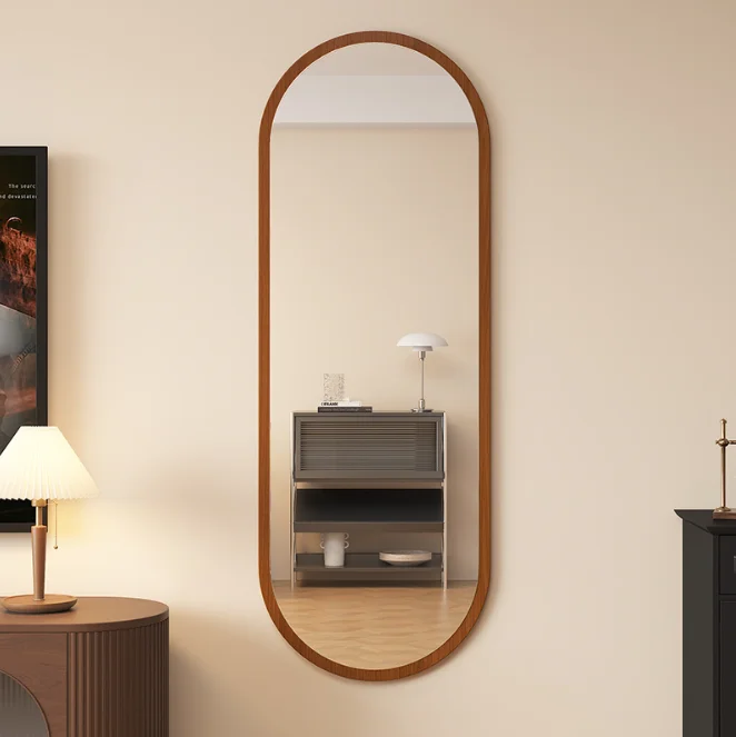 Factory Supply Rustic Great Quality Durable Solid Wooden Back Panel Large Oval Shape Full Body Length Mounted Wall Long Mirror