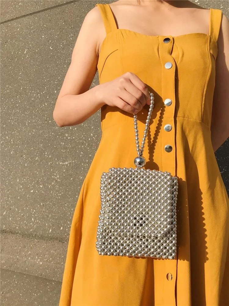 2020summer  ins popular new style hollow out fashion  women shoulder bag beach bag crystal acrylic beads weave clutch  handbag