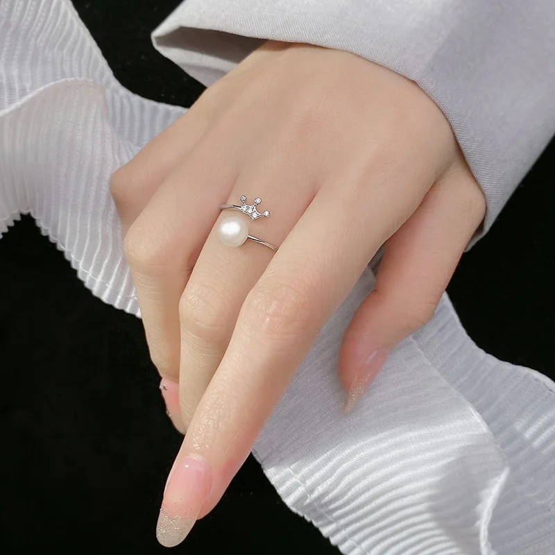 Korea jewelry rose gold plated 925 sterling silver cz diamond crown pearl adjustable ring for girls