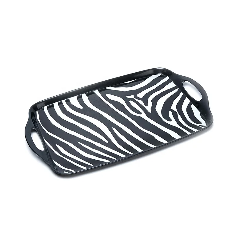 Hot sales custom design zebra pattern melamine tray black with handles