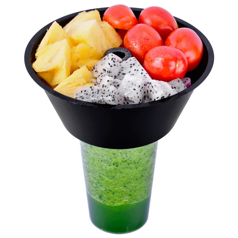 Takeaway Disposable 2 in 1 Snack And Drink In One Cup Hotpot Bubble Cup With Bowl On Top Black Plastic Cup Holder