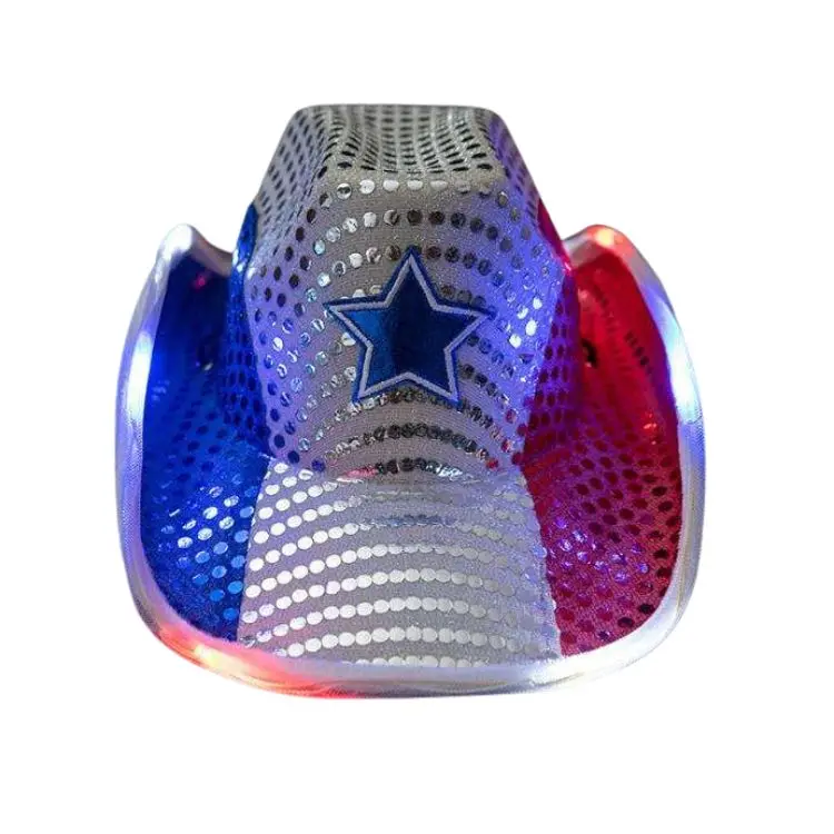 Red White and Blue Sequin Light Up LED Cowboy Hat for July 4th American Independence Day