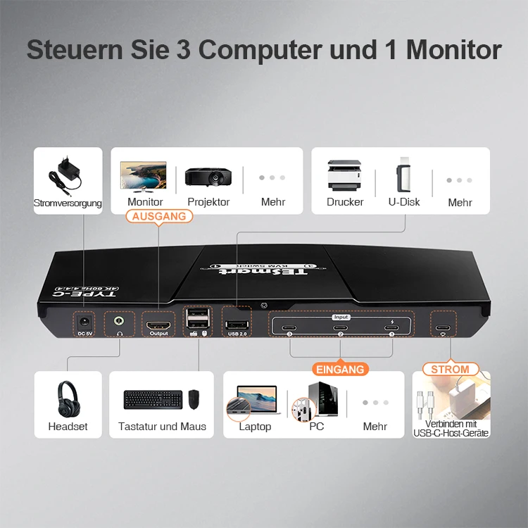 TESmart Single 3 ports USB KVM console Type C 4K 60hz KVM switch  for 3 computers sharing keyboard mouse U disk
