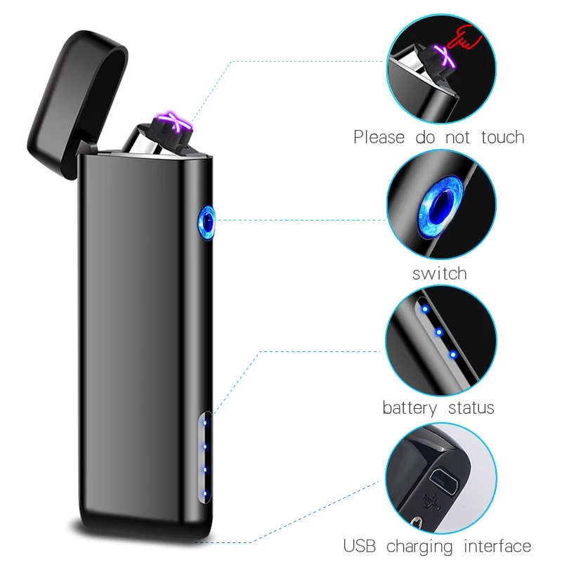Rechargeable Windproof Flameless Butane Free Electric Dual Arc Plasma USB Electric Lighter