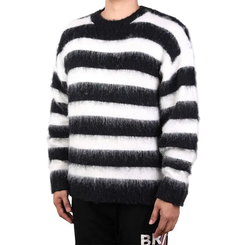 Knitwear merino wool  sweater Custom Stripe pull Mohair woollen Men Sweater Fuzzy  Knit Pullovers Jacquard Fur Wool Sweater M