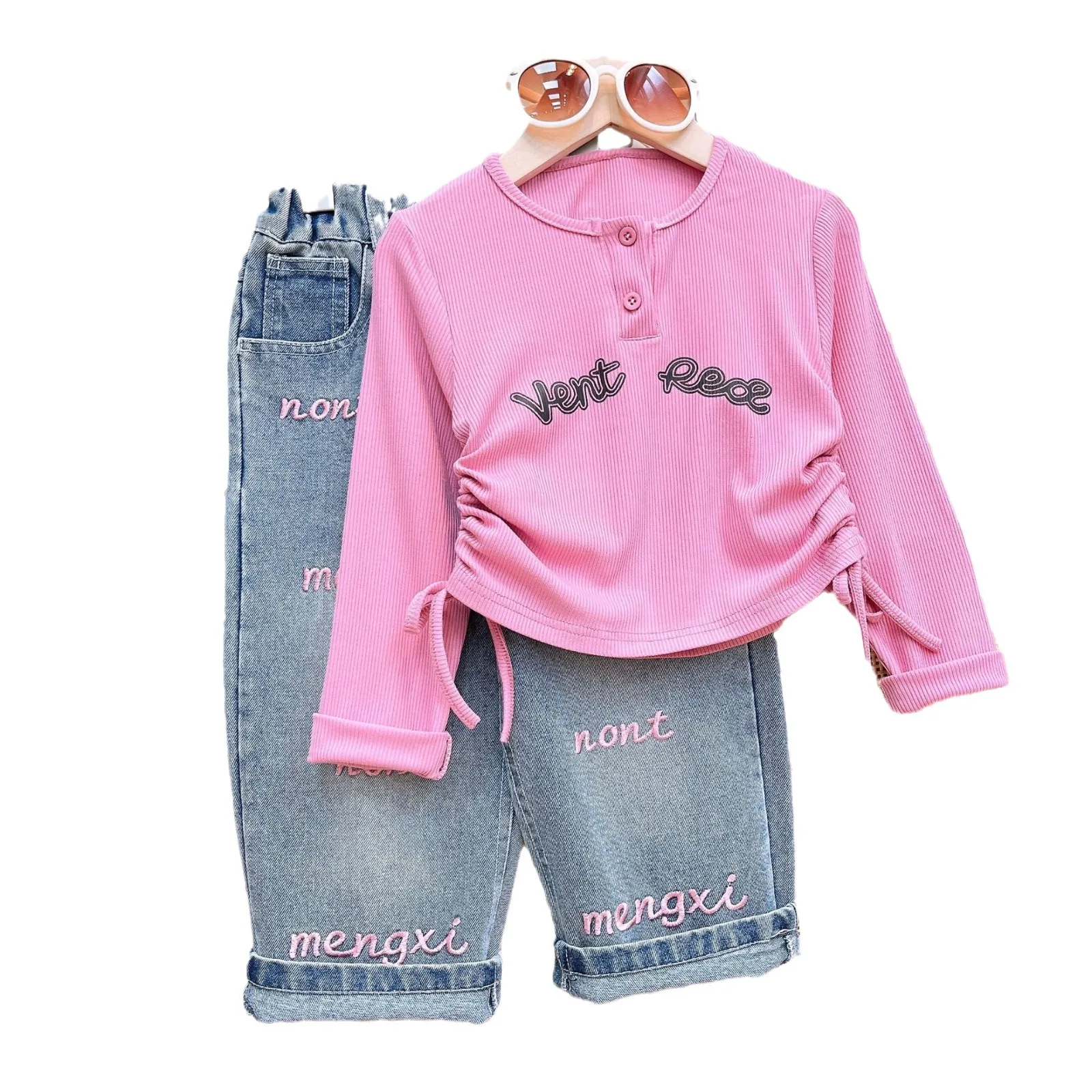 New fashion 2Pcs toddler girls clothing sets letter printed drawstring t-shirt + embroidery jeans pants outfits for girls