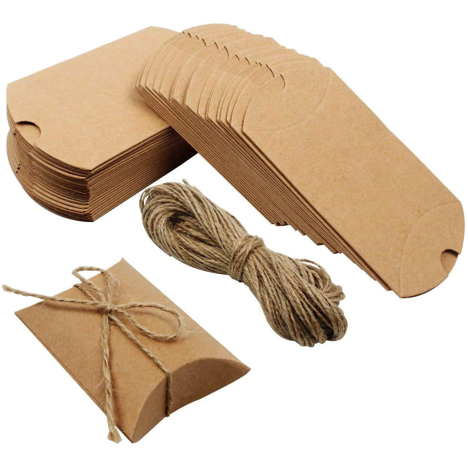 Outuxed 100pcs Kraft Paper Pillow Candy Box for Wedding Party Favor with 100pcs Jute Twine