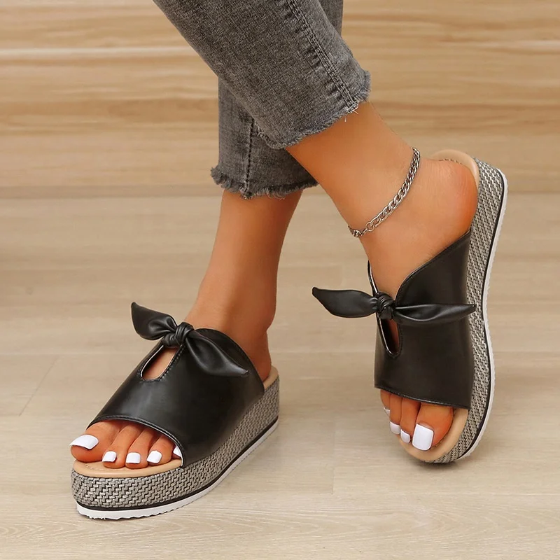 XLL 2022  Summer fashion 4cm wedges slippers platform high heel bow sandals fish mouth shoes flat slippers for women