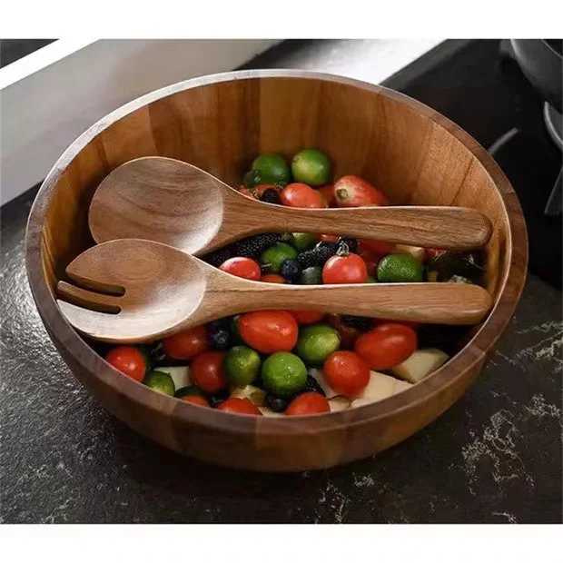 2023 Hot Selling home decor Wooden Bowls,with Utensils Wooden Forks and Spoons Mix size Stackable Dish for Fruit Salad Vegetable