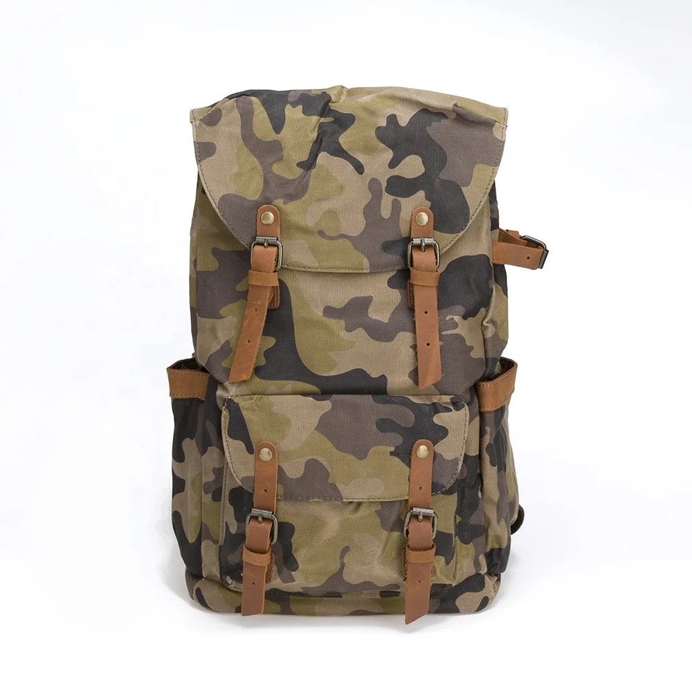 Camouflage leather tote retro backpacks vintage water-resistant laptop waxed canvas backpack