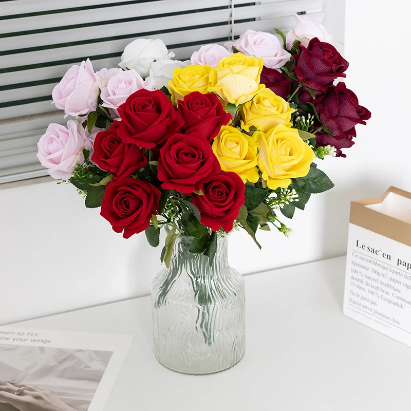 High Quality Artificial Rose Flowers 7 Heads Velvet Rose Flower Bouquet For Wedding Decoration Valentines Day