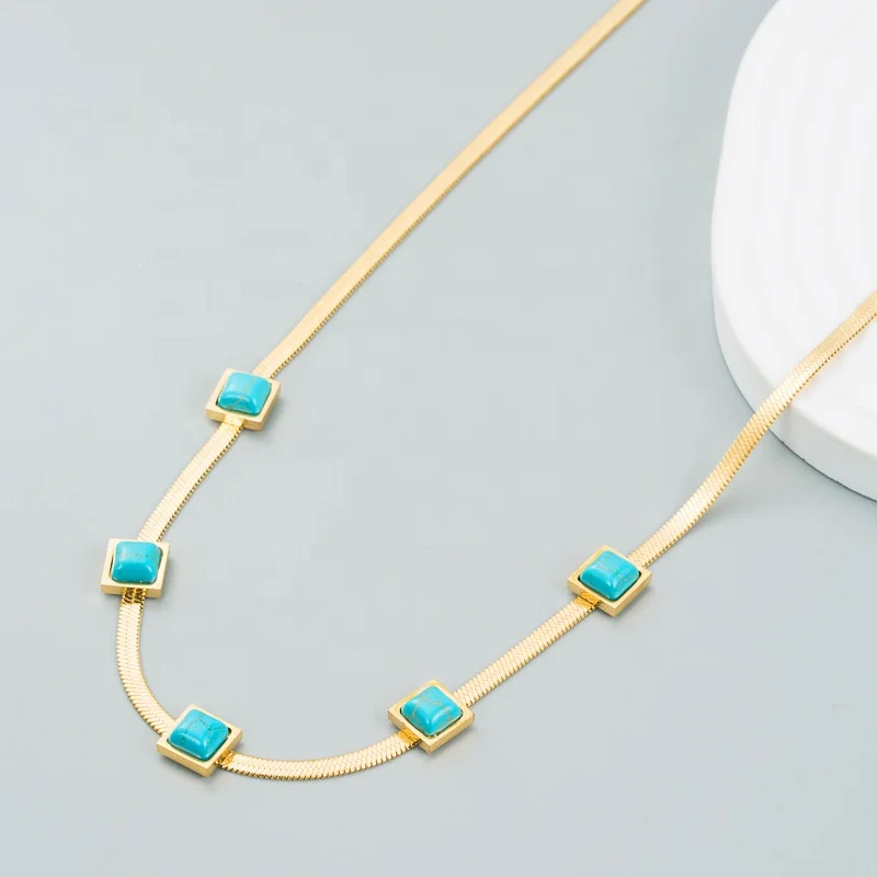Hot Flat Snake Chain Herringbone Chain Choker Necklace 18K Gold Plated Stainless Steel Chain Bohemia Turquoise Necklace