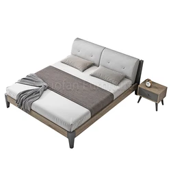 Модель в скандинавском стиле, кровать из твердой древесины под заказ, свадебная легкая роскошная кожаная деревянная кровать, кожаная обивка