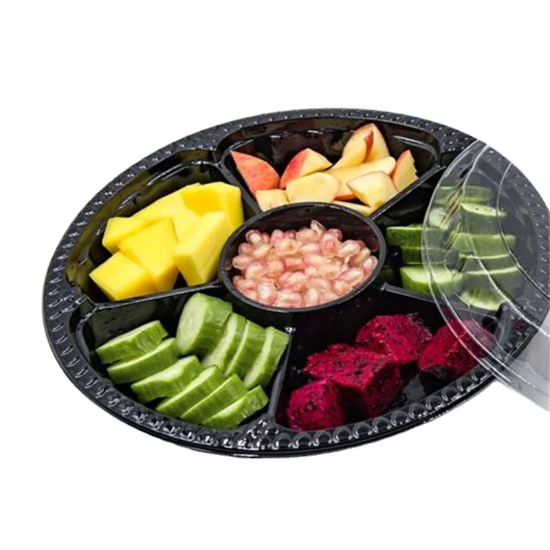 6 Compartment Fruit Food Container 12.6 Inch Round Plastic Appetizer Tray with Lid