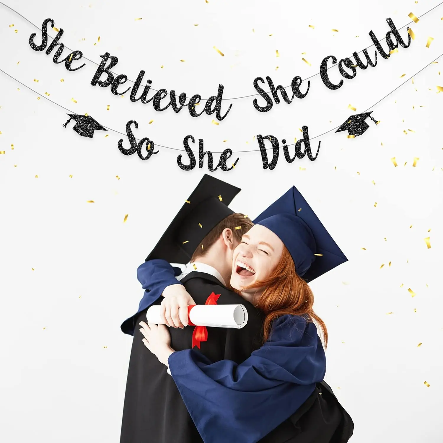 2024 She Believed She Could So She Did Black Paper Banner Graduation Banner for Girls Boys Graduation Party Supplies
